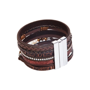 Detail of multi-layer leather bracelet with Tree of Life, rhinestones and magnetic clasp
