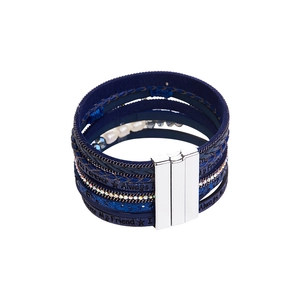 Detail of blue layered leather bracelet with tree of life, crystal rows and magnetic clasp