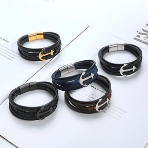 Pulseras multicapa de cuero trenzado para hombre con ancla en negro, azul y marrón