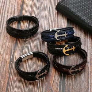 Pulseras de cuero trenzado multicapa para hombre con ancla y cierre magnético metal