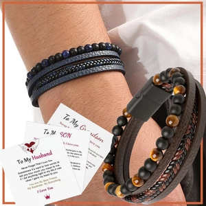 Bracelet multicouche en cuir tressé pour homme avec perles oeil de tigre et fermoir aimanté