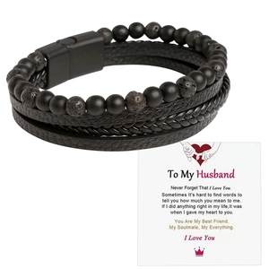 Bracelet multicouche en cuir pour homme avec perles et carte de vœux avec cœur pour mari