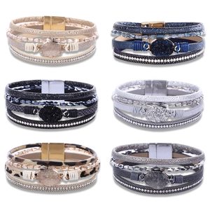 Bohemian Mehrlagiges Lederarmband Damen Kristall Strass Eingelegt Druzy Stein Magnetverschluss Mode Schmuck Geschenk