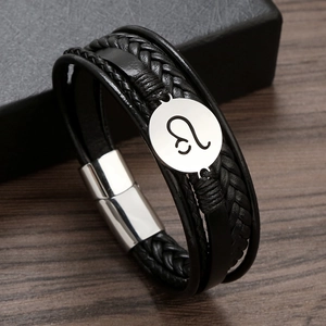 Men's Leo zodiac braided leather bracelet with stainless steel magnetic clasp