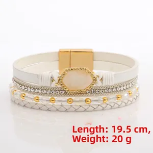 Bohemian multi-layer white leather bracelet with rhinestones and magnetic buckle