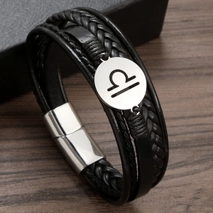 Men's multilayer black braided leather Libra zodiac bracelet with stainless steel clasp