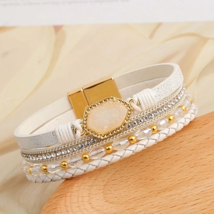 Elegant multi-layer white leather wrap bracelet with crystal cluster and magnetic buckle