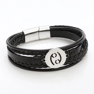 Men's multi-layer black braided leather bracelet with Cancer zodiac sign in stainless steel