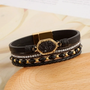 Multi-layer leather bracelet with sparkling rhinestones and a golden magnetic buckle clasp