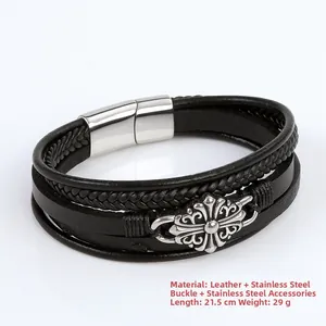 Bracelet multicouche en cuir tressé noir pour homme avec breloque croix gothique en acier