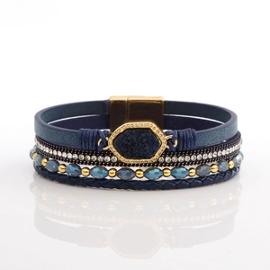 Detail of multilayer blue bracelet featuring crystal stone and gold magnetic clasp