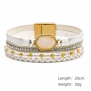 Multilayer leather bracelet with rhinestone beads and magnetic clasp, 20cm length