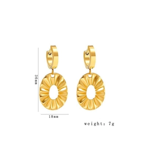Golden ruffled stainless steel earrings measuring 36mm by 18mm on white background