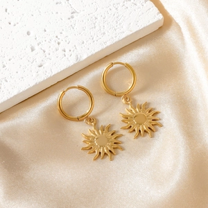 Elegant gold sun pendant hoop earrings for women in polished stainless steel