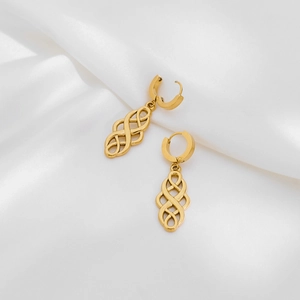 Elegant gold-plated stainless steel Celtic knot drop earrings on luxury white silk background