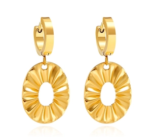 Macro detail of gold-plated stainless steel earrings with radiant pleated leaf design