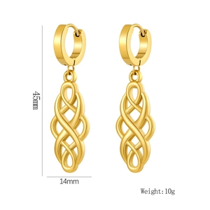 Golden twisted knot earrings with woven texture and dimensions of 45mm by 14mm