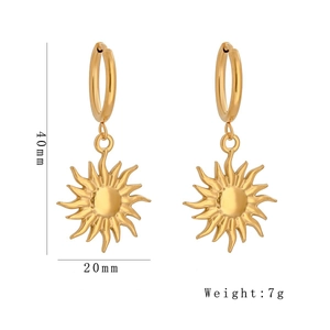 Polished gold stainless steel sun pendant hoop earrings for women, 40mm length