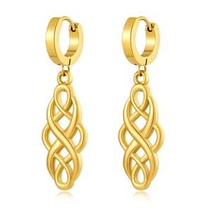 Polished gold-plated stainless steel long earrings with Celtic knot drop design