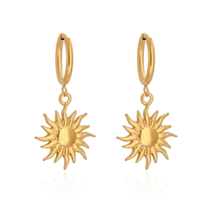 Polished gold stainless steel hoop earrings with sun pendant charms for women
