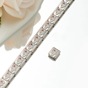 Close-up of stainless steel modular charm bracelet with colorful enamel elephant link detail