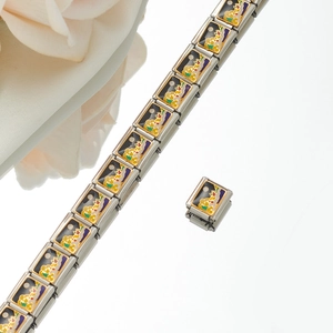 Detail of Italian charm bracelet with enamel landscape links and stainless steel modular design