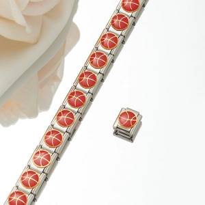 Detail of stainless steel modular bracelet featuring a red 3D basketball charm link