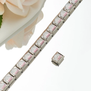 Close-up of Italian charm bracelet links with pink crown enamel and stainless steel