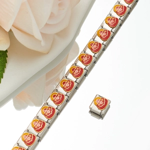 Italian charm bracelet with red and yellow enamel links on polished stainless steel
