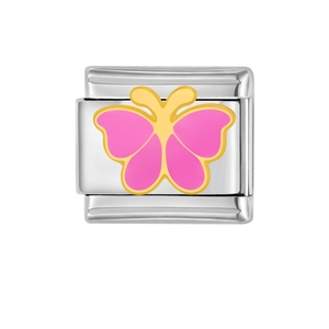 Close-up of Italian charm link with pink gold butterfly motif on stainless steel base