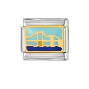 Charm italiano in acciaio inox con paesaggio di ponte dorato in smalto blu