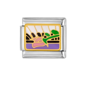 Macro view of Italian charm link with colorful landscape enamel inlay and gold border
