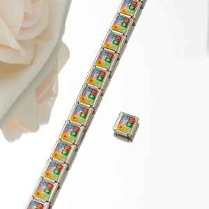 Detail of Italian charm bracelet with colorful enamel heart modules and modular links