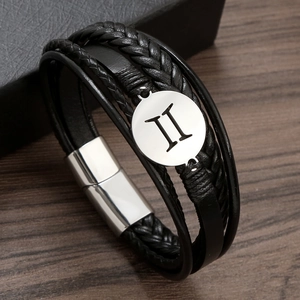 Men's multi-layer braided leather Gemini zodiac sign bracelet with silver magnetic clasp