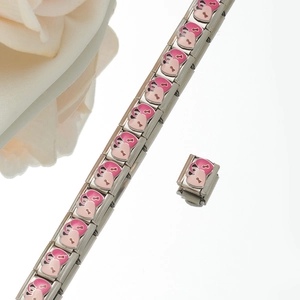 Detail of Italian charm bracelet with pink enamel heart lock on stainless steel links