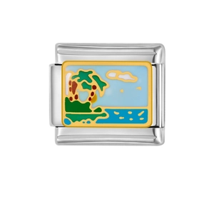 Dettaglio charm italiano con design smaltato di isola tropicale in acciaio inox