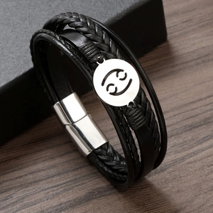 Men's multi-layer black leather bracelet with Cancer zodiac charm and magnetic buckle