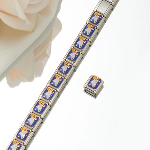 Detailed close-up of Italian modular charm bracelet with blue enamel star links