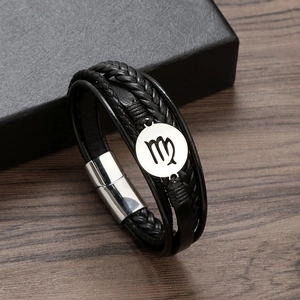Men's black braided leather bracelet featuring a silver Virgo zodiac sign metal charm