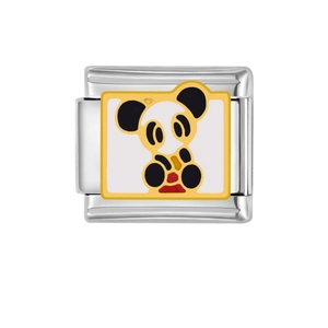 Macro view of Italian charm link featuring a cartoon panda in enameled stainless steel