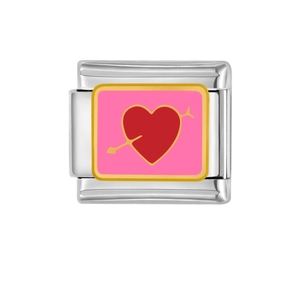 Italian charm stainless steel link with pink cupid arrow and heart on a white background