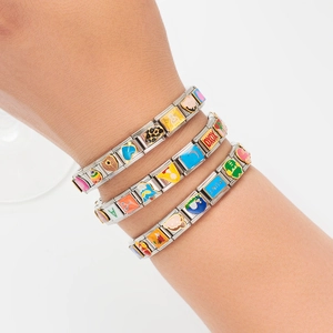 Italian charm bracelets with stainless steel enamel links and colorful alphabet patterns