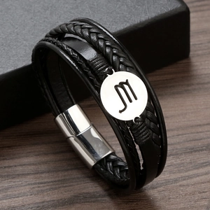 Men's multi-layer black braided leather Scorpio zodiac bracelet with silver magnetic clasp