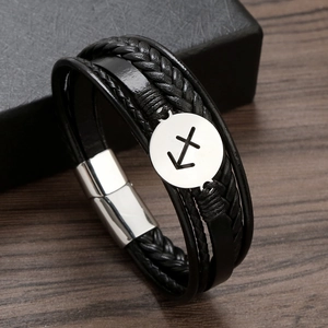 Men's multi-layer black braided leather Sagittarius zodiac bracelet with magnetic steel clasp