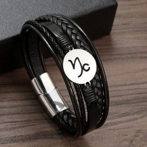 Men's Capricorn multilayer braided leather bracelet with silver zodiac charm