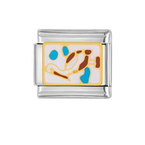 Macro shot of Italian charm bracelet link with abstract enamel painting and gold frame