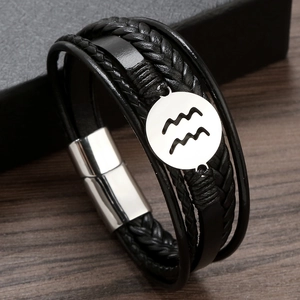 Men's multilayer black woven leather bracelet featuring silver Aquarius zodiac charm