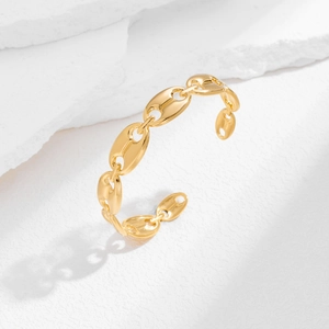 Elegante goudvergulde roestvrijstalen open armband met koffieboon schakels