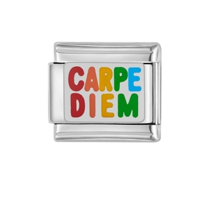 Vista macro di una maglia Italian Charm in acciaio inossidabile con testo Carpe Diem