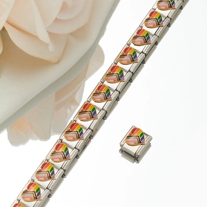 Detail showing modular Italian charm bracelet with rainbow enamel hearts on stainless steel links